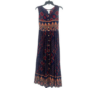 Vintage Jasmine By KVM Boho Maxi Dress Button Front Blue Floral Hippie Sz S
